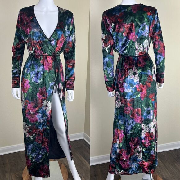 Zara Women's Size S Floral Velvet Wrap Duster Maxi Dress Robe Cardigan Blogger - Picture 1 of 16
